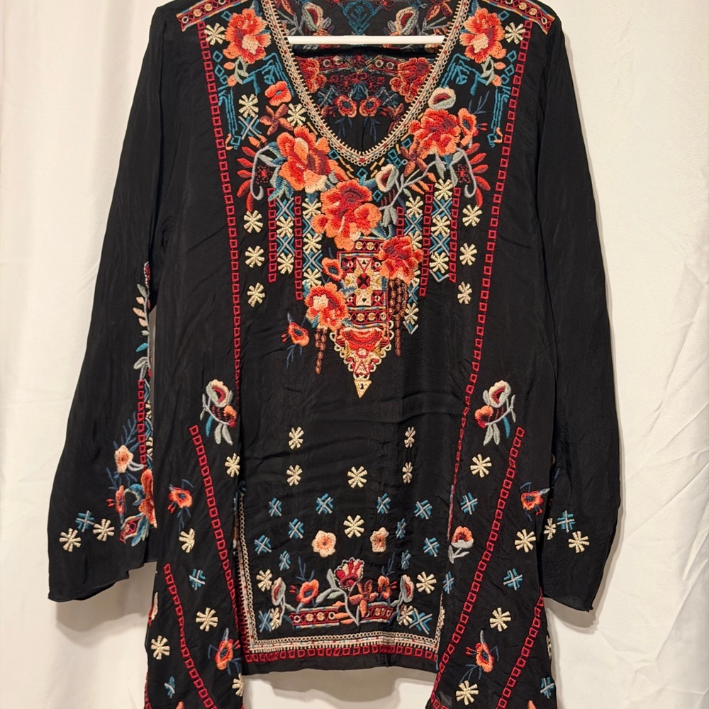 Johnny Was Black V-Neck Tunic with Multicolor Floral Embroidery